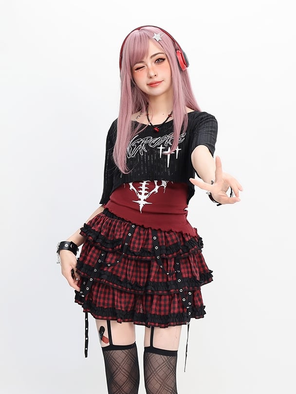 Coverup Red Halter Neck Y2K Top with Set Black Graphic Tank Cropped