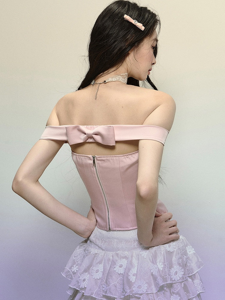Rosafarbenes Bustier-Korsett-Oberteil mit Blumenmuster und Stäbchen