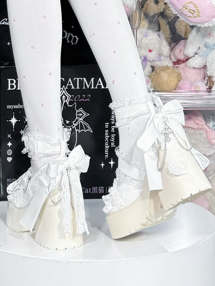 Shoes Platform Jirai - Trim Mary Lace Heels Block High Kei White Jane with