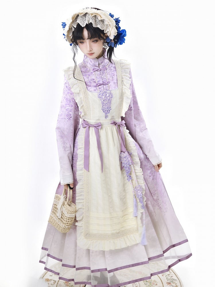 Beige Print Charm Kleid Quaste Lolita Han Schürze Floral Wisteria Lila + Perlen mit