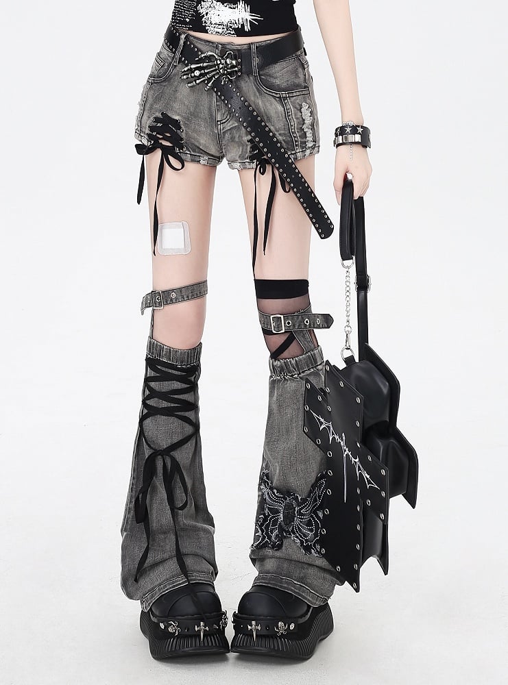 Dusty Gray Lace-up Details Butterfly Hem Denim Shorts Warmers with Applique Leg