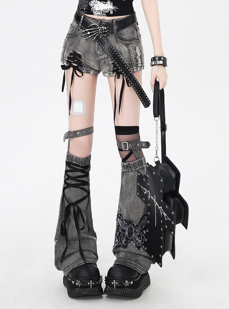 with Leg Dusty Gray Lace-up Details Butterfly Warmers Applique Hem Denim Shorts