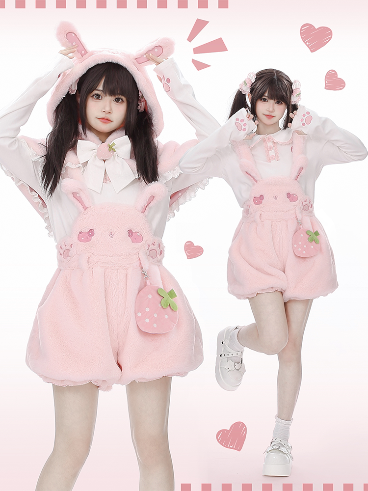 Strawberry and Cute Claws Beige Peter Pan Collar Long Sleeves Top