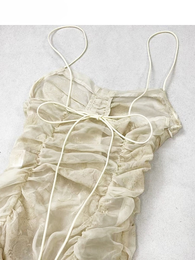 Cami Set- Self-tie Glamorous Trim Dress Ruffle Skirt + Straps Beige