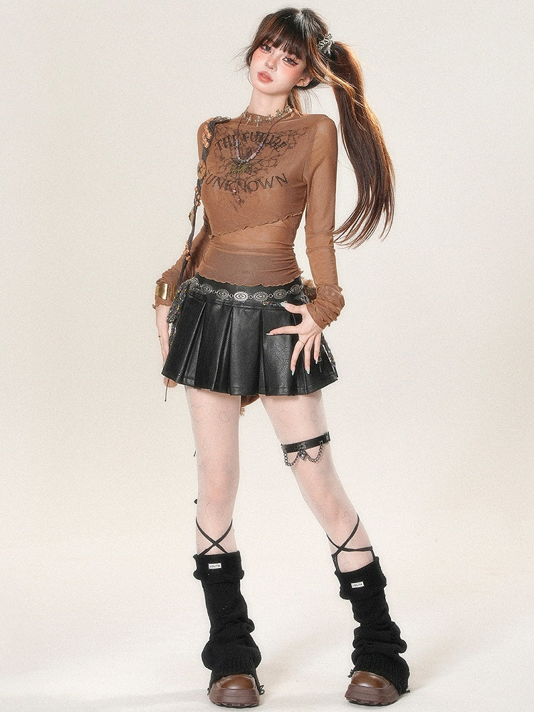 Glamorous Letter And Bittersweet Print Sleeves Star Top Brown Long