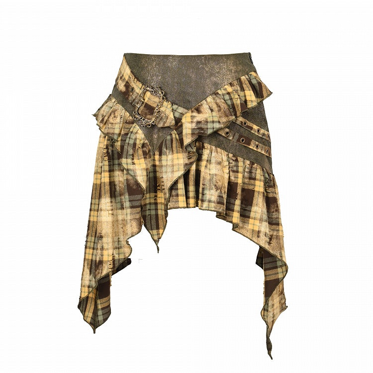 Forest Green Plaid Pattern Handkerchief Hem Skirt