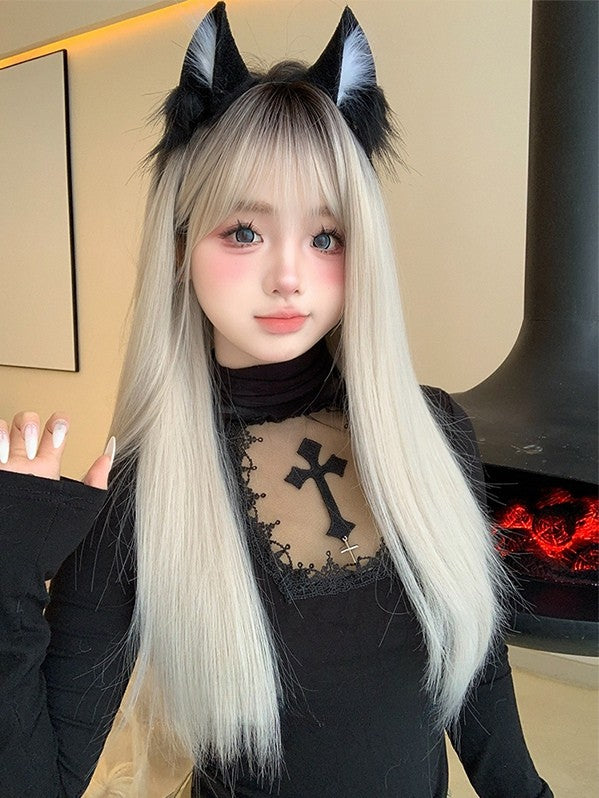 Straight Ombre Wig Length With Air 66CM Black-White Bangs