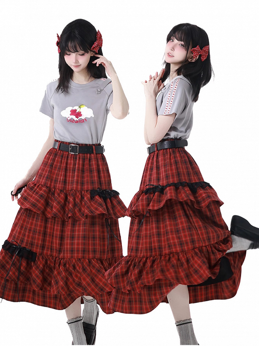 Red Plaid Bowknot Tiered Skirt with Buckle Belt Details