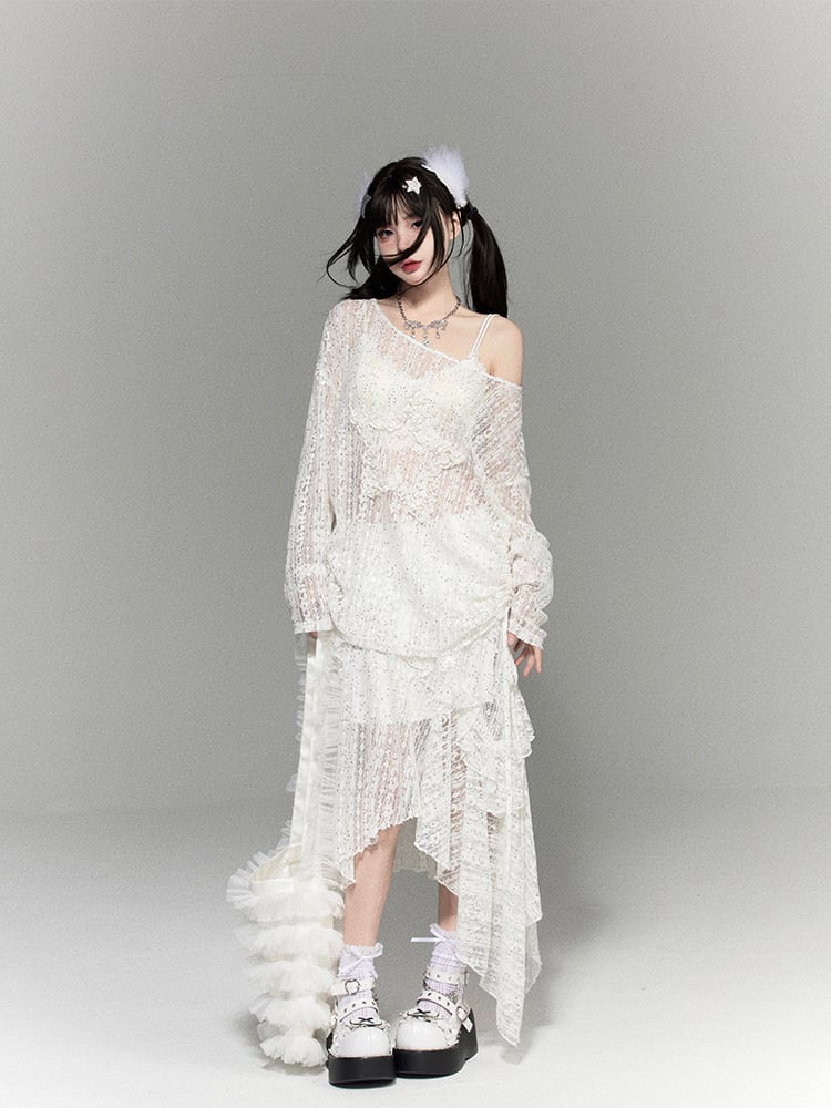 Sequins White Semi-Sheer Top Lace Delicate and Embroidery with Embellished