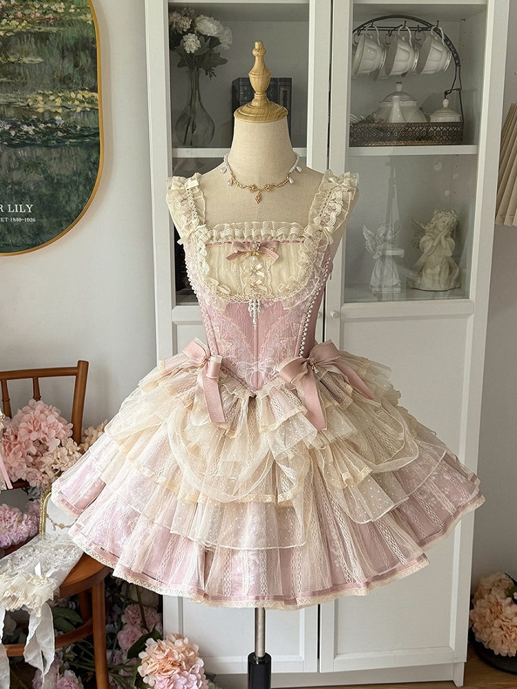 Details Corset Boned Bead Top and Pink Bows with Two