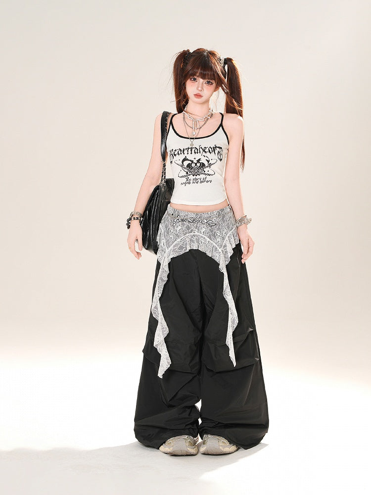 Gray/Black Low Light Rise Wide-Leg Pants with Waist Lace Accessory