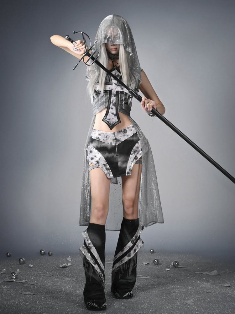 Decorated Cross Strapless Cyberpunk Top Fashion Y3K Chains Futuristic Black Silver Sequins and