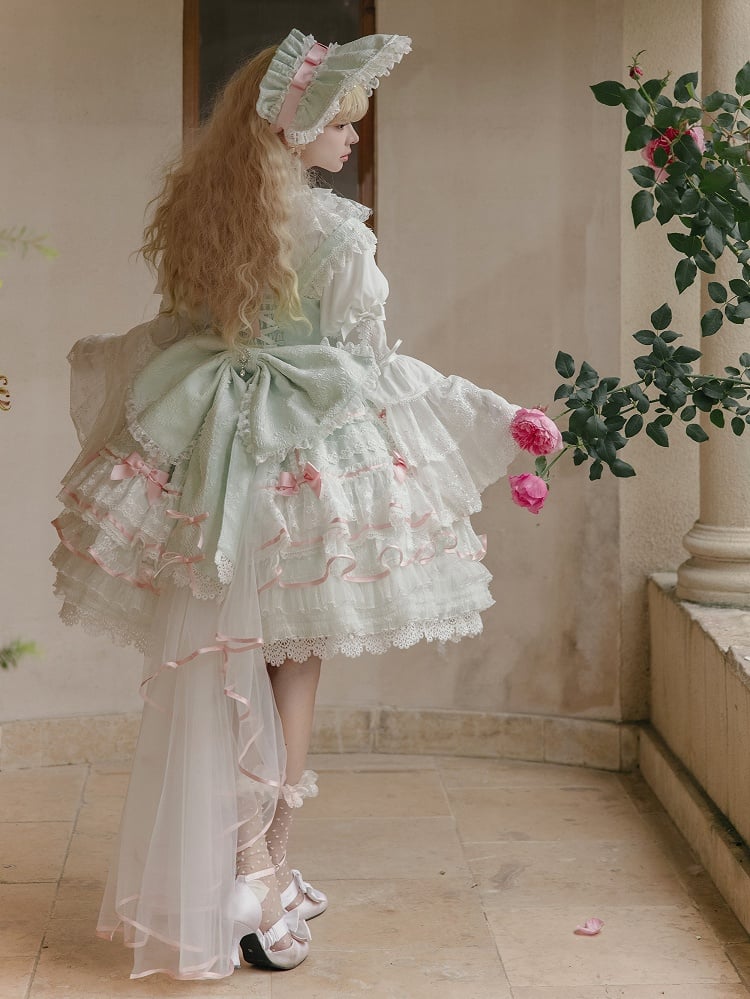 Mintgrüner Hanayome-Lolita-Pulloverrock mit Schleifenverzierung, süßes Hime-Lolita-Pulloverrock-Set