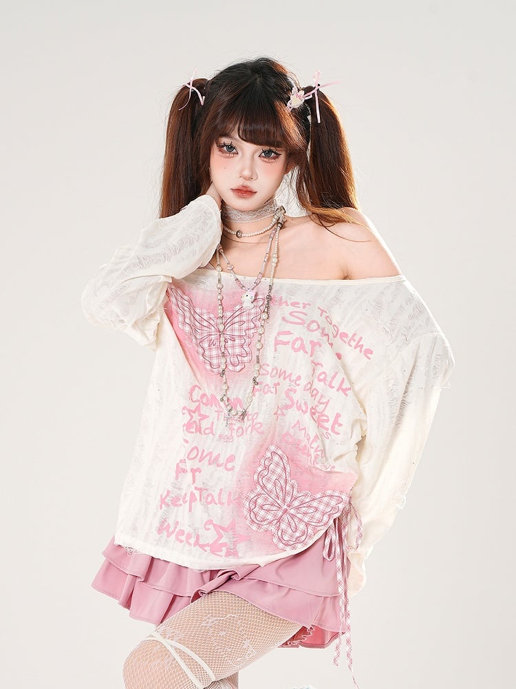 Off-the-shoulder Black/White Pink Plaid Butterfly Appliques