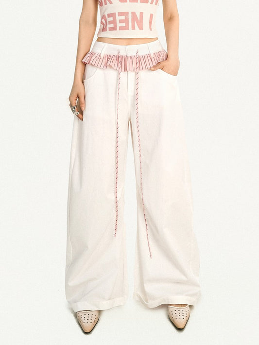 White Faux Two-piece Wide-Leg Pants with Pink-Black Striped Ruffle Trim