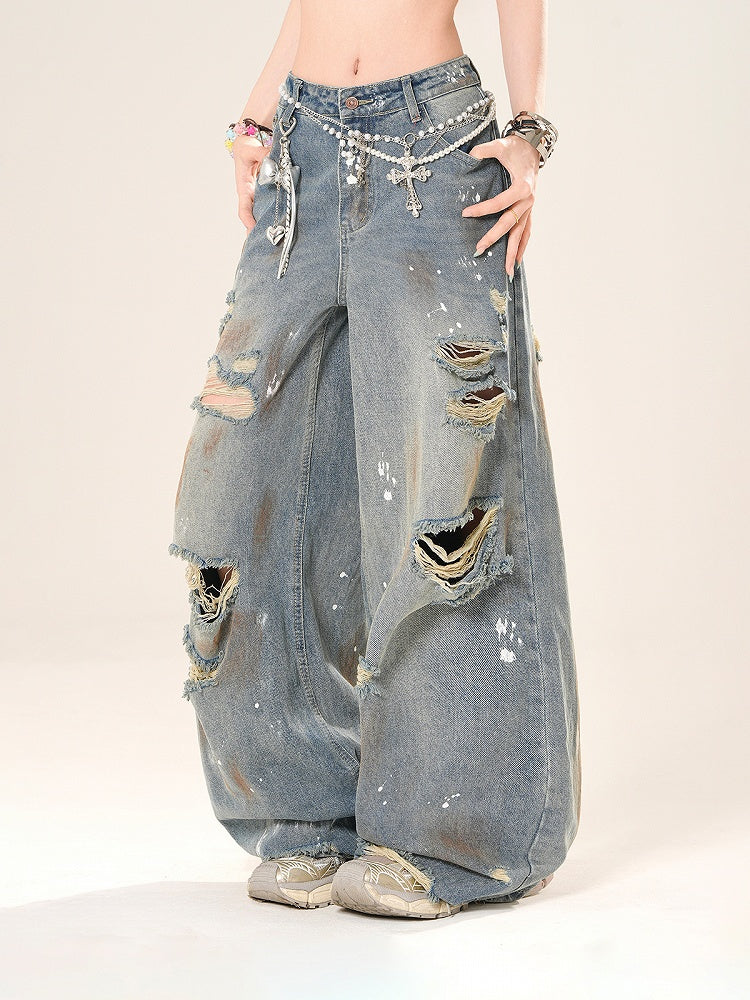 Wide-Leg Jeans Rise Distressed Holes Spray Blue Low Print Paint