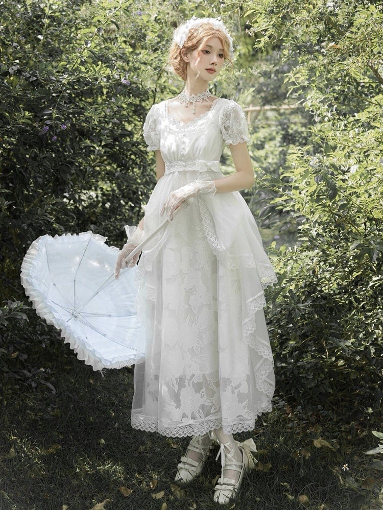 Version Slip White Long Empire Waist Dress V-neck Elegant Lolita