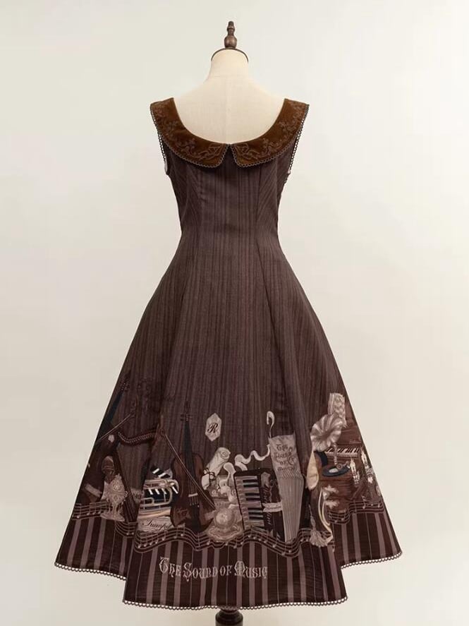 Braunes, elegantes Lolita-Kleid mit Violinen- und Klavier-Print unter der Brust