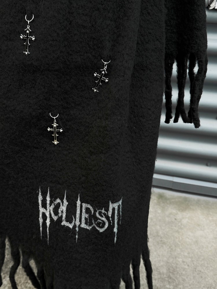Punk Black Letters Muster Kreuz Charms geschmückt Strickschal Fransen Saum