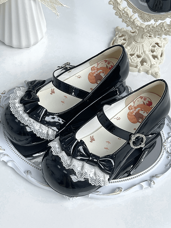 Sweet Heels Low Toe with - Round Lolita Black PU Leather