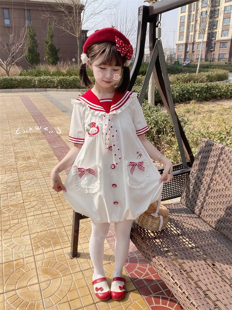 Pink/Red Bubble Adorable Bunny Ear Design Ruffled Sailor Collar Skirt Dress