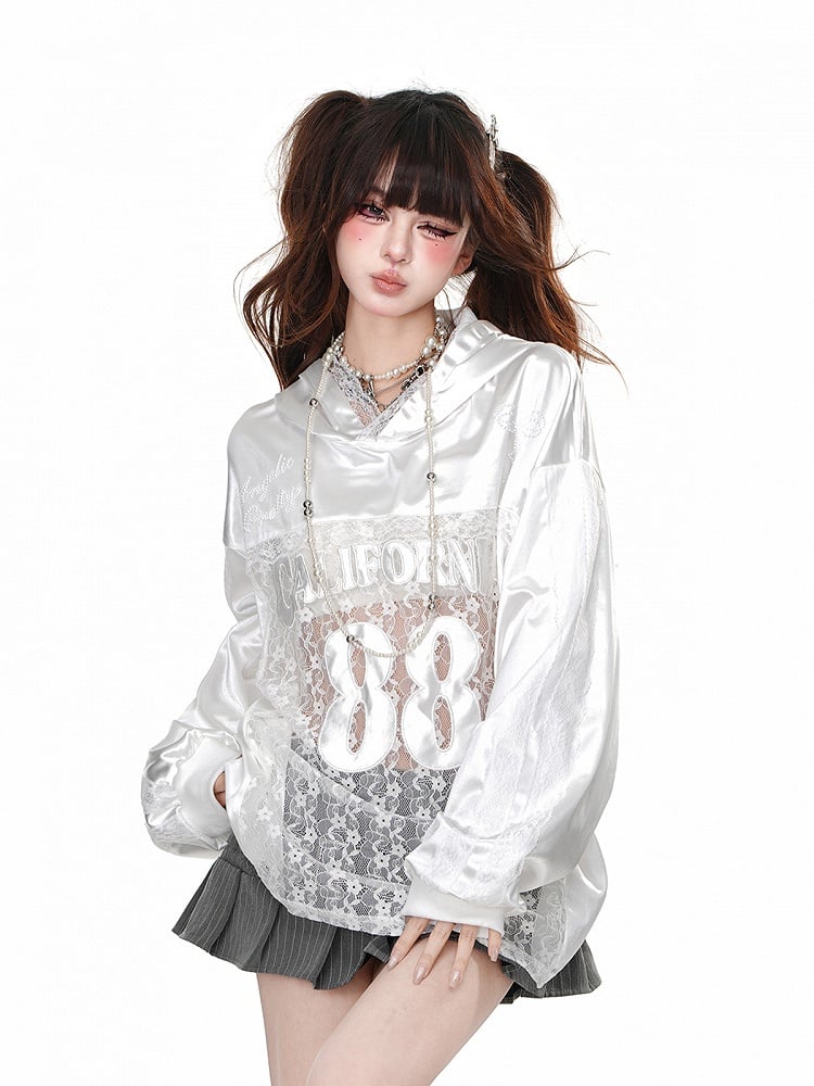 Black/White Bowknot Embroidery Contrast Lace Patches Loose Hoodie