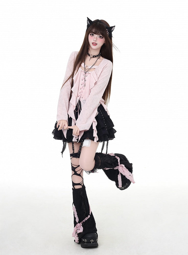 Asymmetrical Ruffled Placket Hem Chiffon Top Pink Lace-up Black/Light