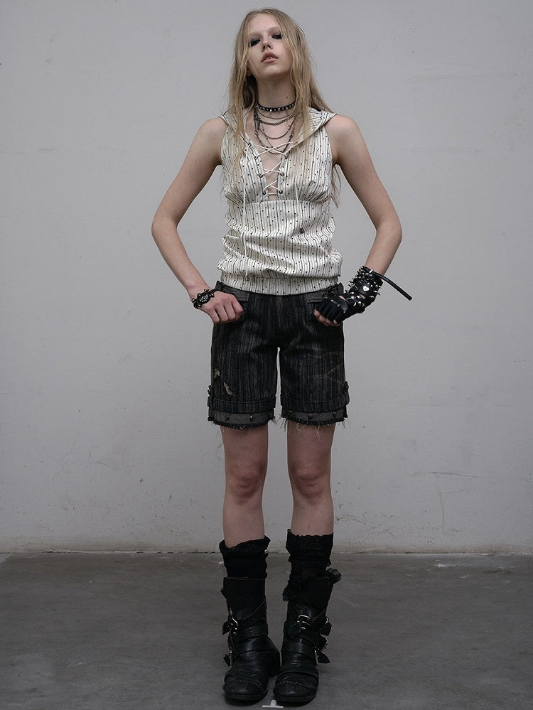 Black Details Shorts Wash Punk Wasteland Decorated Buckle Faded Studs