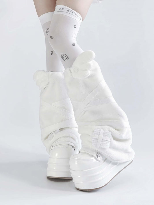 ケイ アップリケ エンジェル ジライ カワイイ ホワイト ヤミ フランネル レッグウォーマー 羽根デザイン クロス