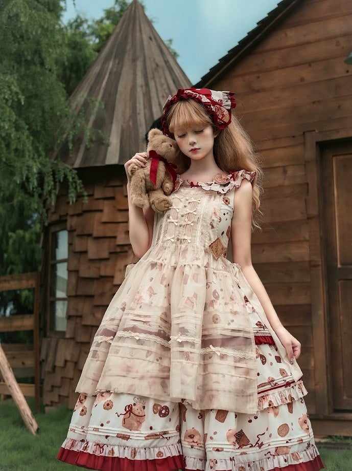 Set süßer Hamster, dreieckiges rotes Kekskleid, Kopftuch und bedruckte Lolita-Broschen, Schürze, voll + weiß