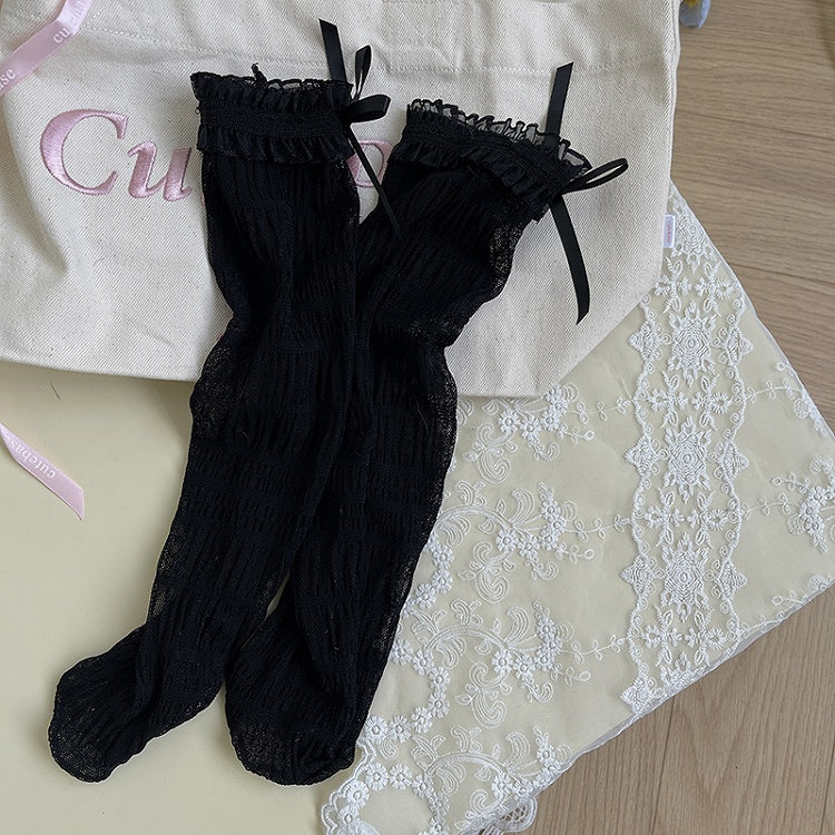 Socks Bowknot Tulle Lace Details White/Black Ruffled