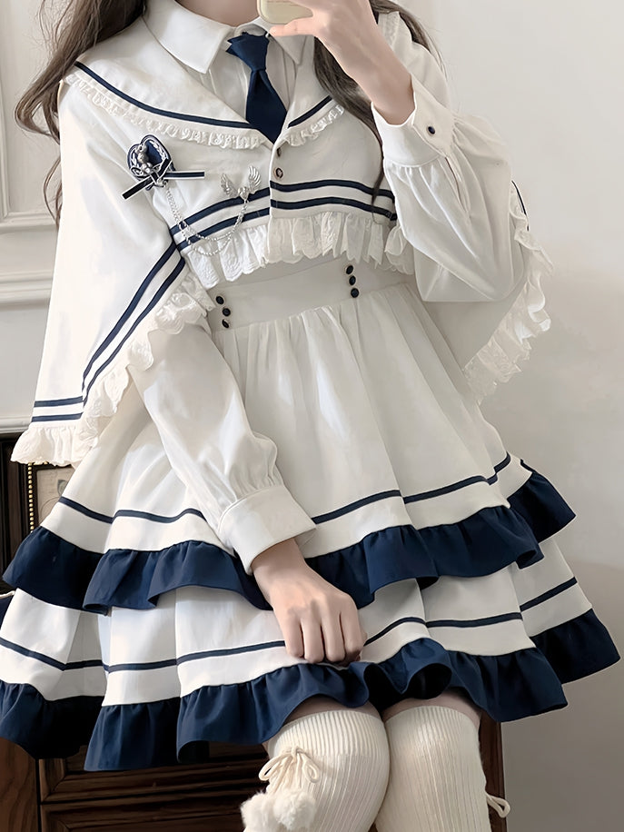 White and Blue Lace Trim Sailor Collar Cloak