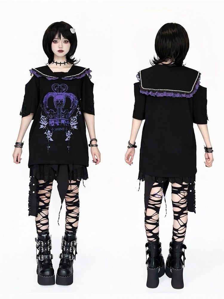 with Purple Crown White and Print Shoulders - Cutout / T-Shirt Collar Black Beaded Sailor