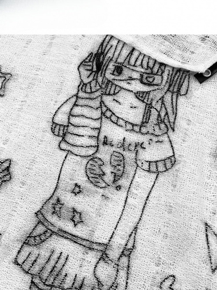 Y2K-Mädchenausschnitt und weißes Detail-Cartoon-Katzendesign