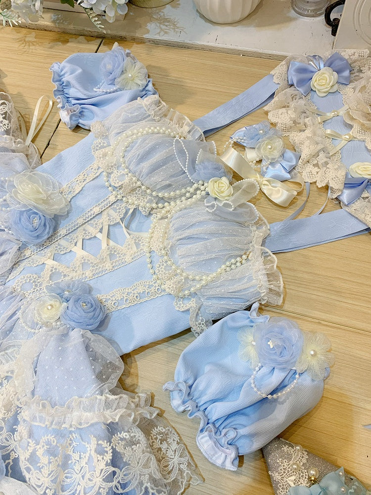 Hanayome Dress Fairy Jumper Tiered Skirt Hem Princess Blue Lolita Flower