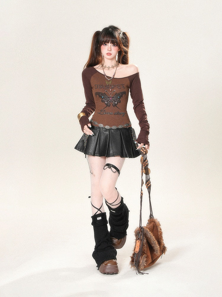 Mini Skirt Black High Waist Box Pleat PU