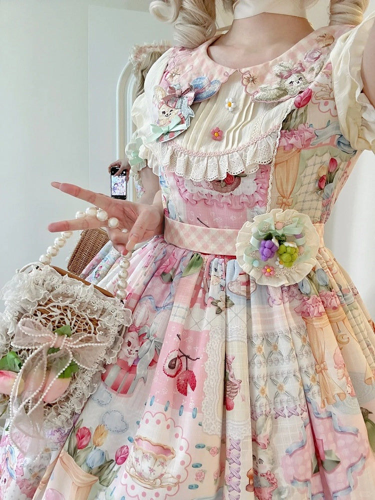 Bunny Embroidery Collar Cottagecore Patchwork Sweet Lolita Dress with Detachable Sleeves