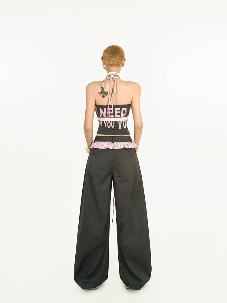 Two-piece Trim Wide-Leg Pants with Pink-Black Striped Black Faux Ruffle