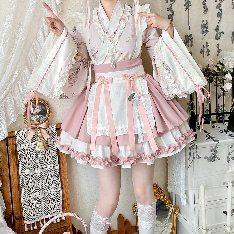 Han Pink Blossom Crossover Skirt Top Outfit Neckline Sakura Cherry Festival + Herbal Medicine Lolita Set