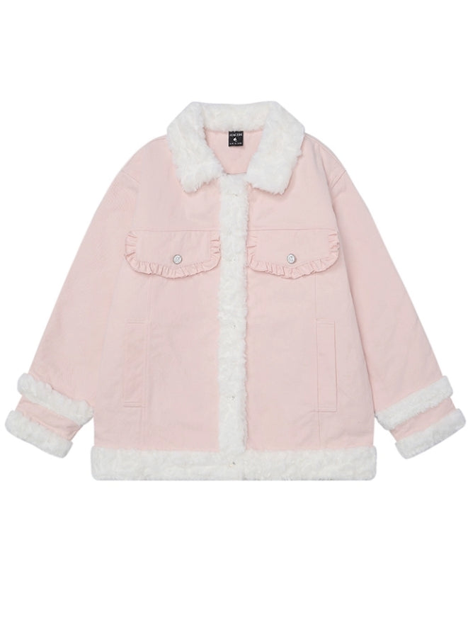 Pink/Camel Polo Collar Plush Trim Thick Jacket