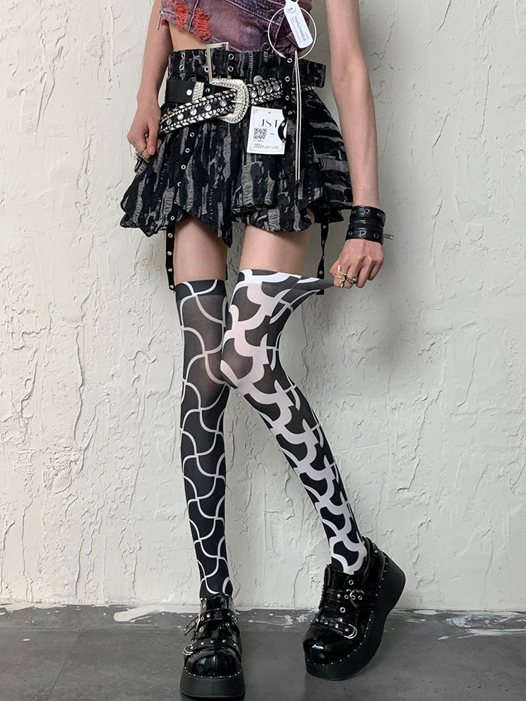 BlackWhite Overknee Y2K Design Asymmetrical Stockings