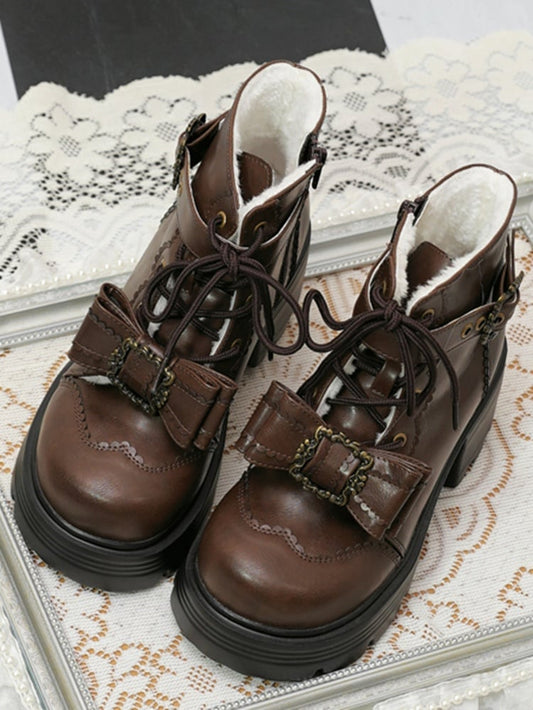 Braune Ankle Boots mit Plateausohle und Fleecefutter und Schleife