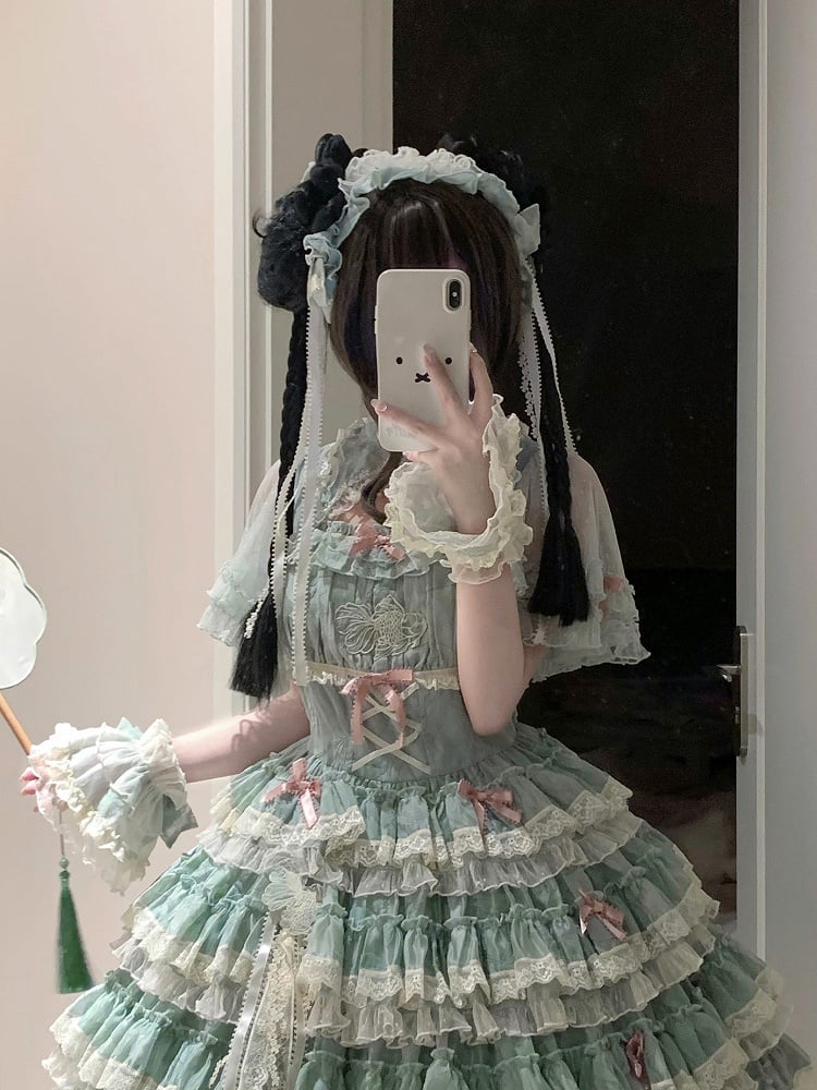 Embroidery Hairband Lolita Applique with Sweet Goldfish and Ribbon Ruffled Pink/Green/Blue