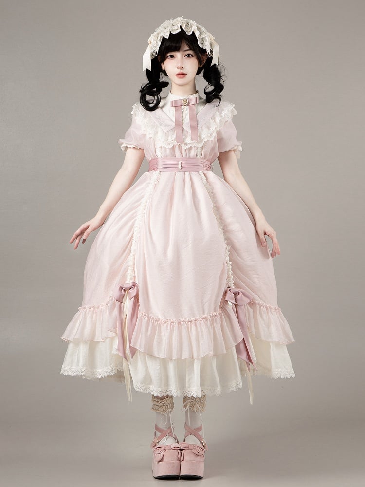 Loose Drawstring Pink Sleeves Lolita Rosette Embroidery Short Details Dress with