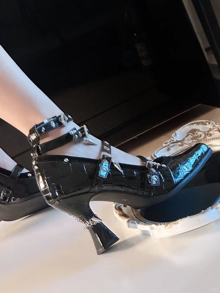 in Buckle Leather Faux Polished 8.5cm Gothic Heel High Crocodile Multiple Heels Straps with Black