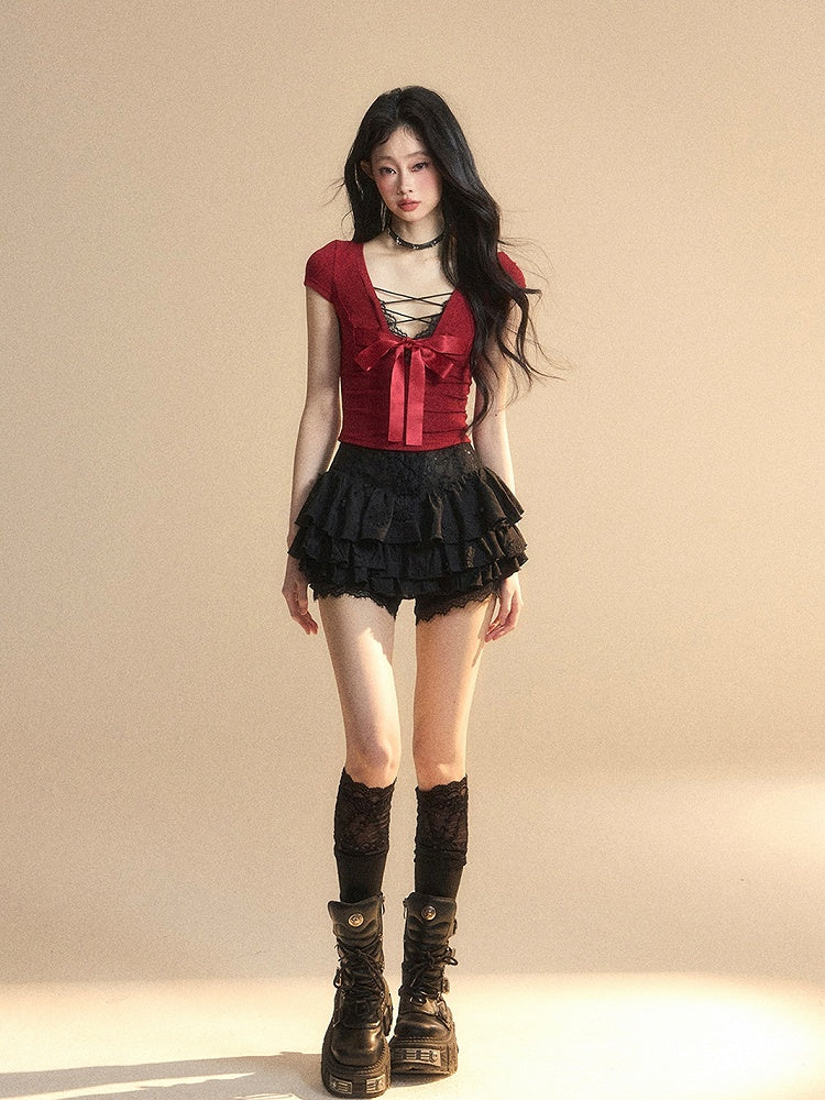 Red Lace Big Bow Slim-fitting Back T-Shirt Trim V-Neck Cutout