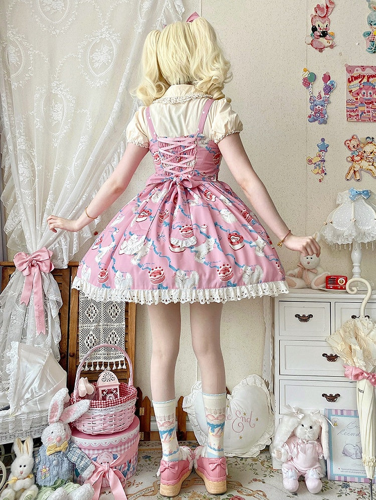 Kitty Cake Fashion Dress Sweet and Showa Pink Lolita Print Cherry