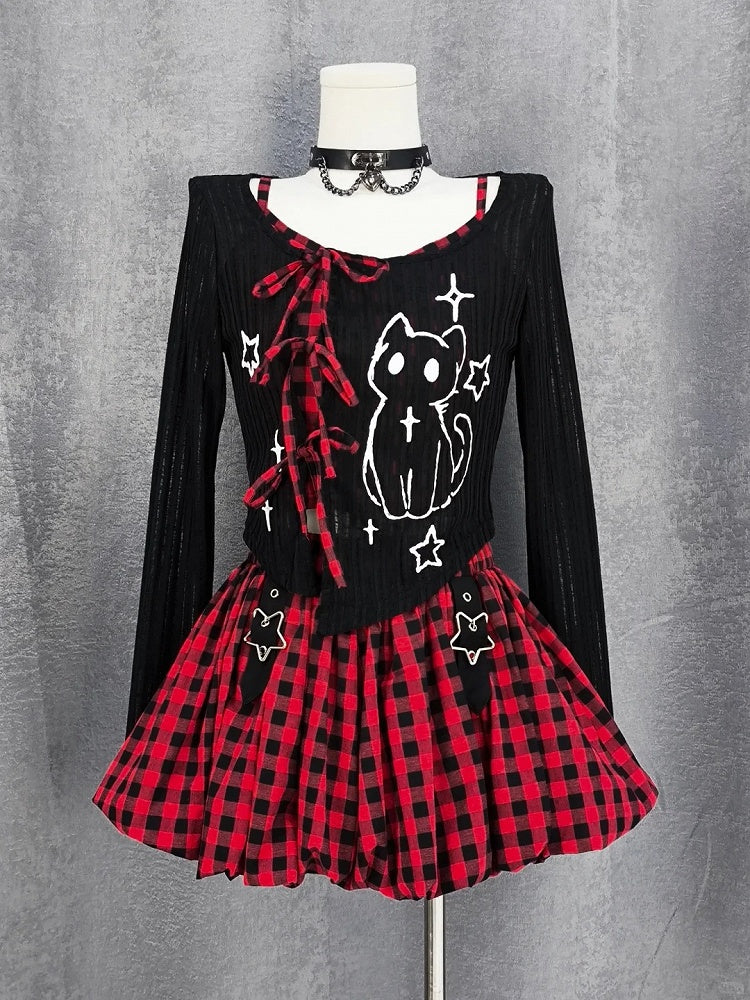 Plaid Bubble Skirt Y2K Gray / Red Star Buckles Black Black