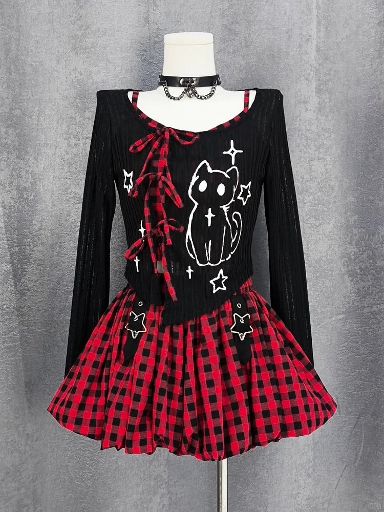 Y2K Coverup Set Plaid Cami Top with Kitten Print Black Red/Gray