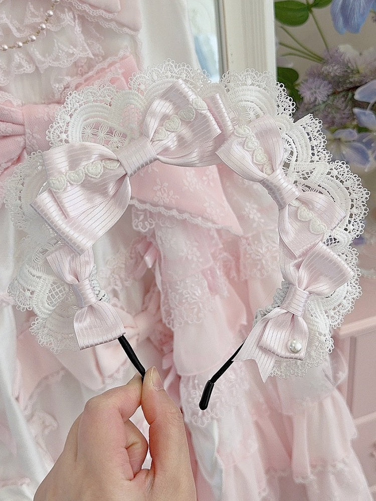Details Pattern KC Heart Pink Lace Striped Trim Bowknot Decorated